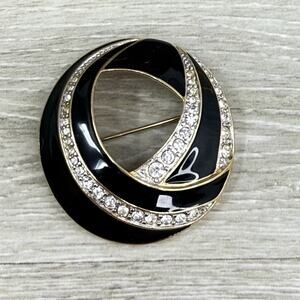 Vintage Trifari Swirl Black Enamel and Rhinestone Circle Brooch
